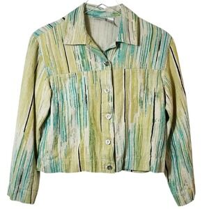 Chico's Linen Blend Green Blue & Cream Striped Button Crop Jacket Women's Size 1